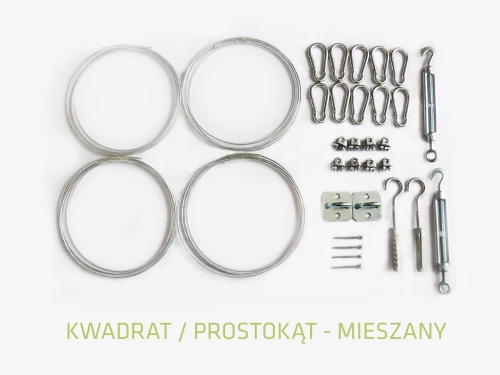 Zestaw montażowy mieszany do żagla ogrodowego kwadratowego lub prostokątnego z linkami stalowymi i śrubami rzymskimi