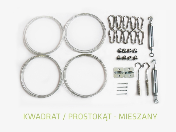 Zestaw montażowy mieszany do żagla ogrodowego kwadratowego lub prostokątnego z linkami stalowymi i śrubami rzymskimi