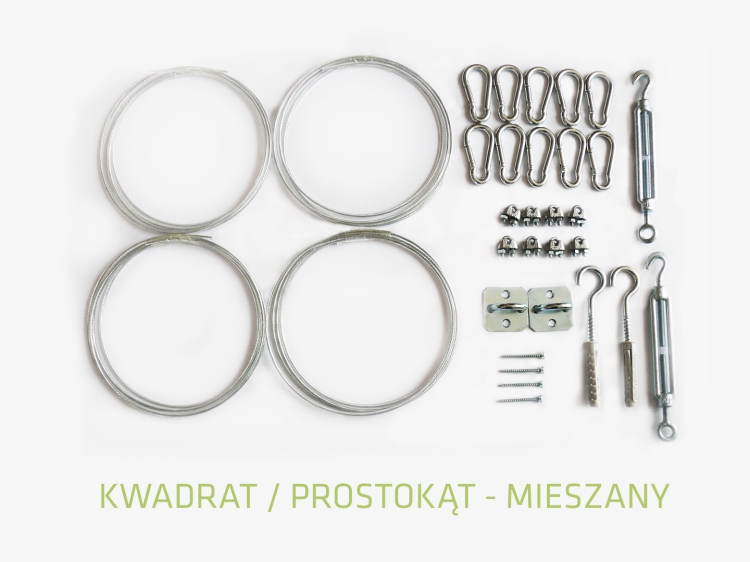 Zestaw montażowy mieszany do żagla ogrodowego kwadratowego lub prostokątnego z linkami stalowymi i śrubami rzymskimi