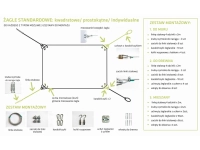Schema und Montageanleitung für ein rechteckiges Sonnensegel mit Montagekit-Elementen und Zubehör