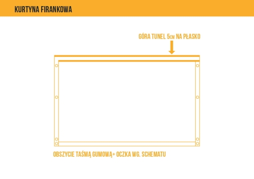Esquema de cortina de terraza tipo visillo a medida con túnel de 5 cm arriba y ojales de montaje laterales