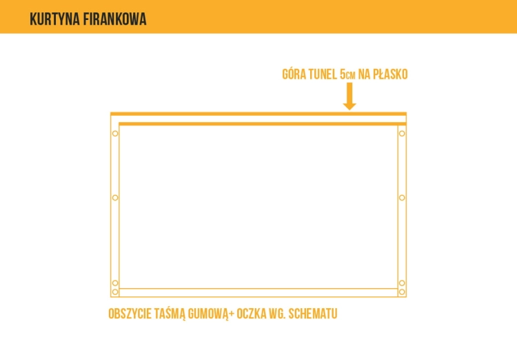 Esquema de cortina de terraza tipo visillo a medida con túnel de 5 cm arriba y ojales de montaje laterales
