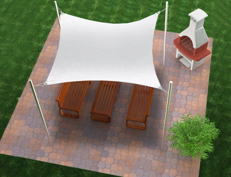 Voile d'ombrage rectangulaire blanc 3x4,5 m premium au-dessus de meubles de jardin en bois et d'un barbecue sur une terrasse en pavés