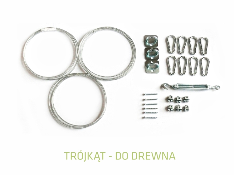 Kit de montage pour voile d'ombrage sur bois avec câbles d'acier, mousquetons et tendeurs