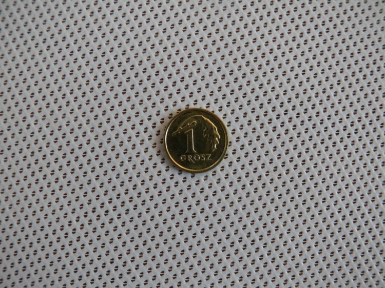 Une pièce de 1 grosz posée sur le tissu blanc d'un store romain avec une fine perforation mesh à pois
