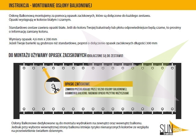 Instrukcja montażu osłony balkonowej za pomocą opasek zaciskowych przekładanych przez metalowe oczka produktu