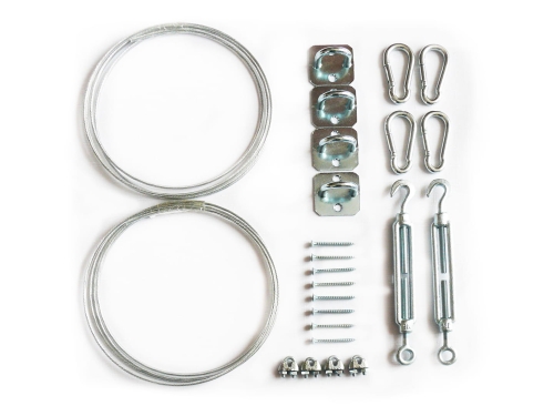 Kit de montaje para cortina de terraza con cables de acero, mosquetones, tensores y cáncamos