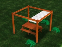 Store romain de terrasse imperméable 3x3 m Premium monté sur une pergola en bois au-dessus d'une table de pique-nique