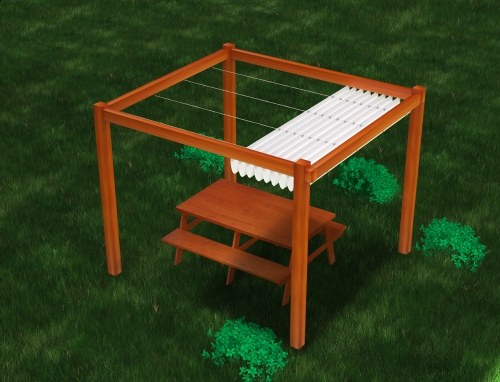 Store romain de terrasse imperméable 3x3 m Premium monté sur une pergola en bois au-dessus d'une table de pique-nique