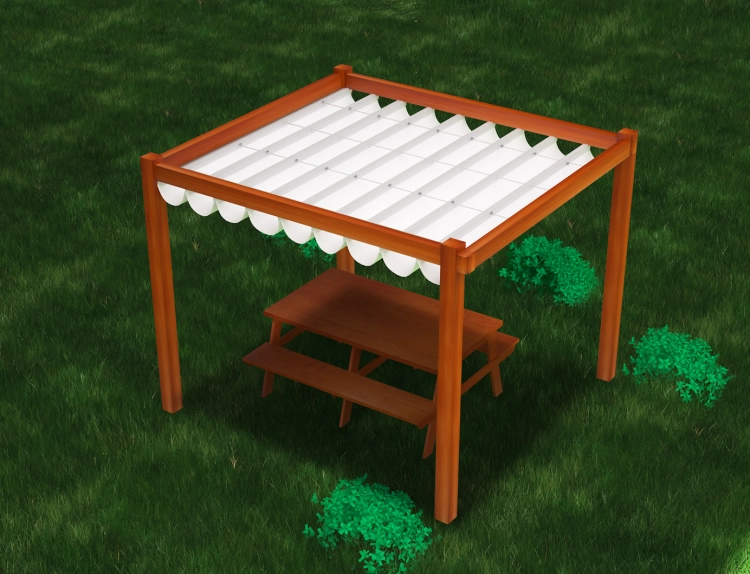 Store romain de terrasse imperméable 3x4 m Premium monté sur une pergola en bois avec un ensemble de meubles de jardin