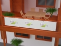 Wasserdichte Balkonbespannung 5x1 m mit Logo-Aufdruck Żagle Ogrodowe montiert an einem Holzgeländer