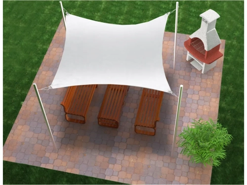 Weißes rechteckiges Sonnensegel 3,2x2,5 m über Gartenmöbeln auf einer Pflasterstein-Terrasse neben Grill und Pflanze
